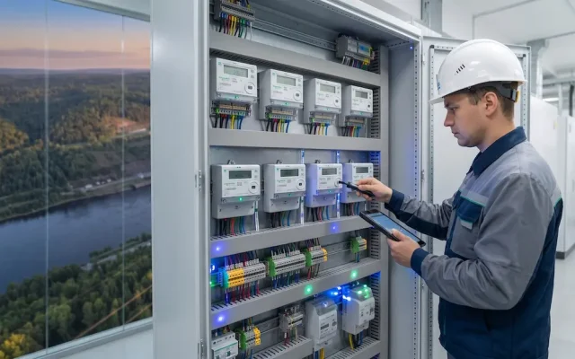 Инженер снимает показания электронных счётчиков в шкафу АИИС КУЭ